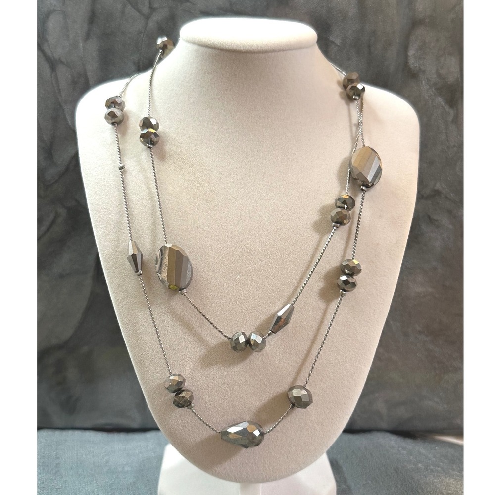 Gunmetal Grey Faceted Beaded Double Strand Layered Necklace Long 37 Inch